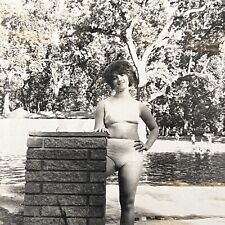 Vintage Snapshot Photograph Beautiful Young Woman Two Piece Bathing Suit 1960s picture
