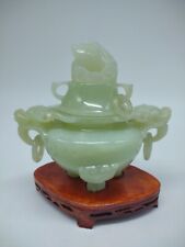 Beautiful Green Jade Censer with Dragons, Cover, and Wooden Stand picture