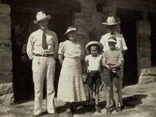 Two Men In Cowboy Hats With Woman & Two Children B&W Photograph 3.25 x 5 picture