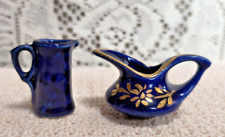 2 Vintage Cobalt Blue Ceramic Miniature Mini Pitchers picture