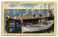 Postcard Sailing on Calm Blue Waters, MA? linen great egg B16 picture