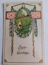 Vintage  EASTER GREETINGS Embossed Postcard Chickens Gold 1912 New York JWS  picture
