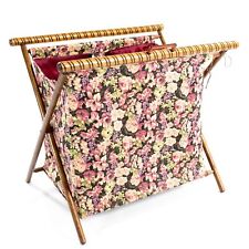 Vtg Knitting Yarn Basket Folding Standing Caddy Wooden Grannycore Floral 1960s picture
