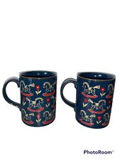 Vtg Otagiri Rocking Horse Set 2 Mugs Coffee Cups Midnight Blue Horse Red Flowers picture