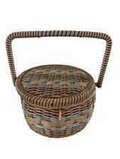VINTAGE WICKER SEWING BASKET MADE IN JAPAN Satin Lining Round Handle Lid See picture