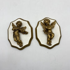 Vtg ‘72 Cherub Angel Wall Art Gold Baby 3D Hanging Plaque Lot Of 2 Ceramic Mold picture
