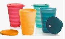 SUPER SALE TUPPERWARE Impressions 4pc 16oz Tumblers DRIPLESS STRAW HOLE SEALS  picture