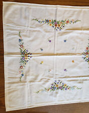 Vintage White Linen Tea Tablecloth Wild Flowers Hand Emb 28