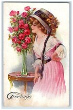 Greetings Postcard Pretty Woman Smelling Red Roses Flowers c1910's Antique picture