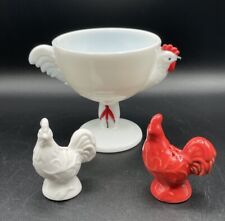 Vintage White Milk Glass Rooster Custard Dish and Red & White Hens Shakers picture