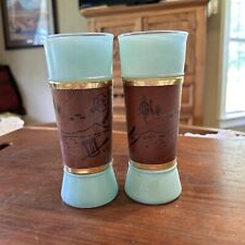 VINTAGE MCM SIESTA WARE TIKI BAR FROSTED AQUA GLASS SET 2 WOOD WRAP 1960s picture