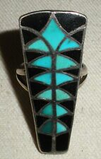 VINTAGE NAVAJO TURQUOISE & JET INLAY STERLING SILVER RING SIZE 7 vafo picture