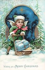Merry Christmas Boy Angel Wings Star Parcels Gifts c1910 Postcard picture