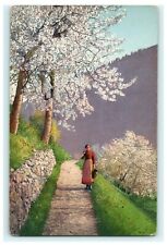 Pretty Woman Standing in Road Floral White Tree's Path Nature Fruhling Postcard picture