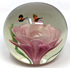 Art Glass Pink Peony Flower Flying Bees Controlled Bubble Paperweight China KB23 picture