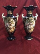 2 Antique Sevres Style Porcelain Mantle Vase Gilt Romantic Couple 8.5” picture