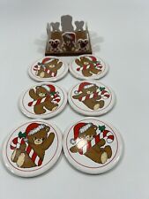 House of Lloyd 1988 Teddy Bear Christmas Coaster Set of 6 with Holder Round Vtg picture