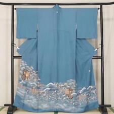 Japanese Hand-Painted Yuzen Light Blue Waterside Landscape Pure Silk Tomesode picture