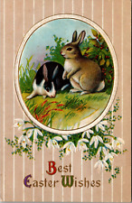 Best Easter Wishes Greetings Embossed Postcard  Bunny Rabbits in Field of Flower picture