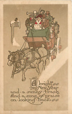 Gibson Arts & Crafts New Year Postcard Horses & Carriage w/ Musicians c1911 picture