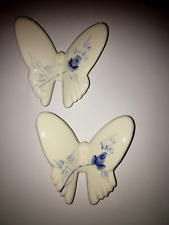 2 Vintage Homco Ceramic Floral Butterfly Wall Hanging Hand Painted Blue Floral picture