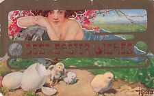 Artist Signed T. Bieletto Best Easter Wishes  Lady & Chicks Postcard 1911 picture