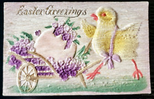 Antique Postcard~ Heavy Embossed/ Textured~ Chick, Cart, & Flowers picture