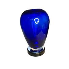 Hand Blown Art Glass Cobalt Blue Over Clear Controlled Bubbles Modernist Vase 6” picture