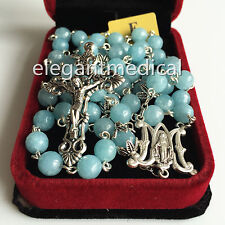 Rare Natural Aquamarine Beads catholic 5 DECADE ROSARY CROSS gifts necklace Box picture