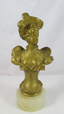 Antique Gold Gilt Metal on Marble Base Lovely Nouveau Woman Bust w/Hat Statue  picture