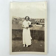 Italian NYC Bride 1939 Vintage Snapshot Photo Young Woman Wedding Dress Rooftop picture