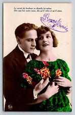 c1924 Classy Couple HAPPY NEW YEAR Lovely Belgium Hand Color Tinted VTG Postcard picture