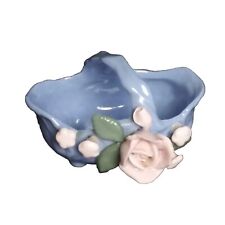 Miniature Blue Porcelain Miniature Basket w Applied Pink Roses 2.25 x 2.75 x 2
