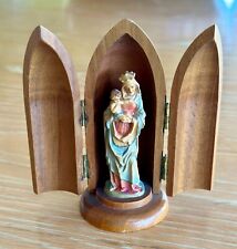 Vintage ANRI Italy Wood Carved Travel Shrine Crowned Virgin Mary & Baby Jesus picture