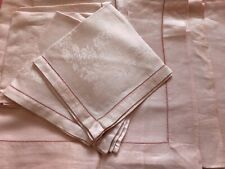 PINK DAMASK 52”x70”TABLECLOTH 6 Napkins Linen Flowers Pulled Thread Vintage Set picture