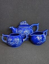 VTG Hand Made Teapot Creamer &Sugar Bowl Set Flowers Cobalt Blue Made in Japan picture