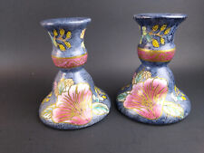 Floral Ceramic Candlesticks Toyo Set of 2 Blue Pink Gold Accents Vintage  picture