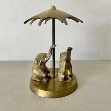 Vintage Two Solid Brass Elephants Under Umbrella Statue India Circus Trunks Up picture