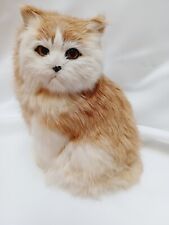 Vintage Sitting Cat White Tan Rabbit Fur Realistic 7.5 in Brown Eyes Figurine  picture