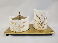 Vtg Royal Sealy Cream Sugar Set Golden Wheat Base Ceramic Brass Japan 4 pc picture