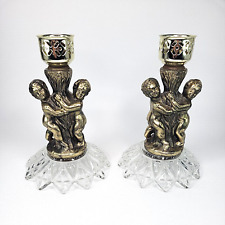 Vtg Regency Cherub Brass Glass Hurricane lamp Candle holders  picture
