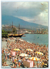 Crimea Russia Postcard Scene of Crowded Yalta Beach Steamship c1950's picture