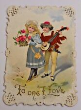 Antique Valentine Card 1905 Victorian Cute Girl Boy Love Serenade Mandolin RARE picture