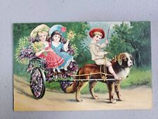 Postcard Children and Saint Bernard Dog Pulled Cart Antique Unused picture