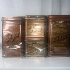 VTG 70s Set of 4 Cheinco Tin Canisters & Lids Tea Coffee Sugar Flour Brown Metal picture