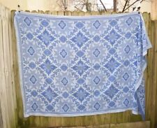 Vintage Jacquard Blanket Woolen Loomed Reversible Blue Coverlet Throw 100x64 picture