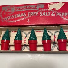Vtg 50’s/60’s Christmas Tree Salt Pepper Hard Plastic Shakers (5) Original Box picture