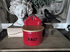 Vintage? Granite Ware Enamelware Red Salt Keeper Box Wood Lid Denmark Antique? picture