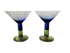 Art Glass Martini Cocktail Glasses Blue & Green Set of 2 MINT COND picture