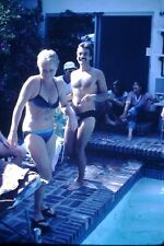 1980 pool party candid woman in bikini Original 35mm SLIDE Hu13 picture